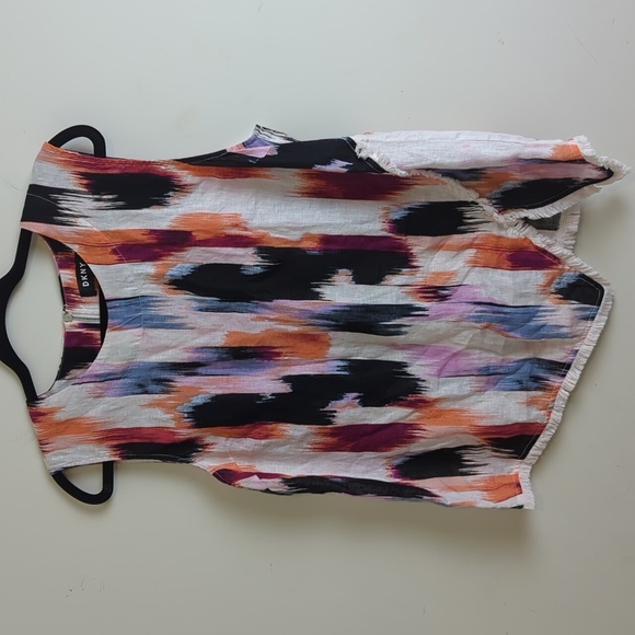 DKNY 100% Linen Asymmetrical Sleeveless Fringe Hem Blouse Women's Medium - Picture 2 of 8